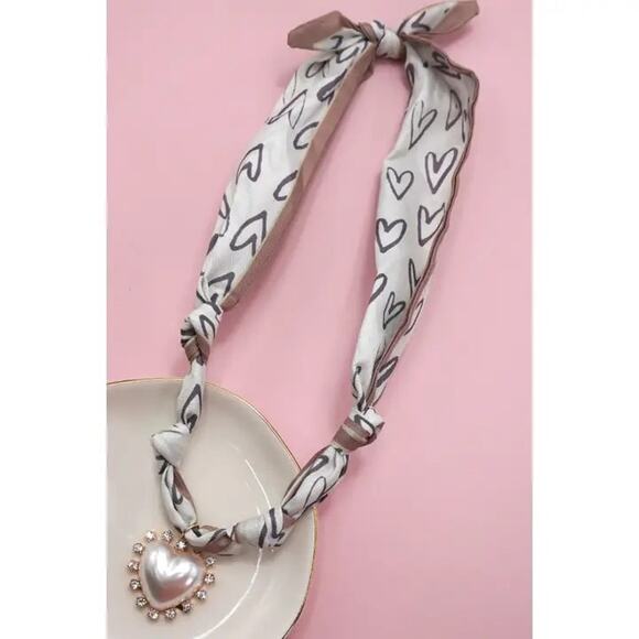 Black White Heart Knotted Scarf Layering Necklace with Crystal Heart Charm - Picture 1 of 6